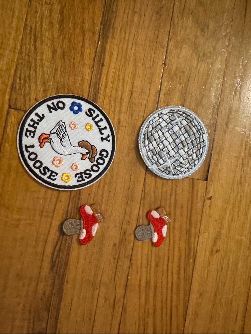 Anthropologie Embroidered Patch Lot — Goose, Silver Disc & Red Mushroom Accents